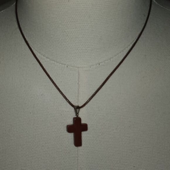 Brown Natural Stone cross with brown cotton wired wax necklace - Picture 1 of 4